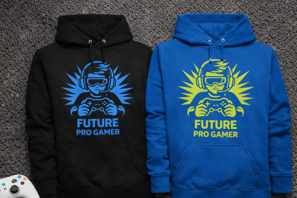 Zwei Kinder Hoodies „Future Pro Gamer“ nebeneinander in Schwarz und Blau mit kontraststarkem Gamer-Design