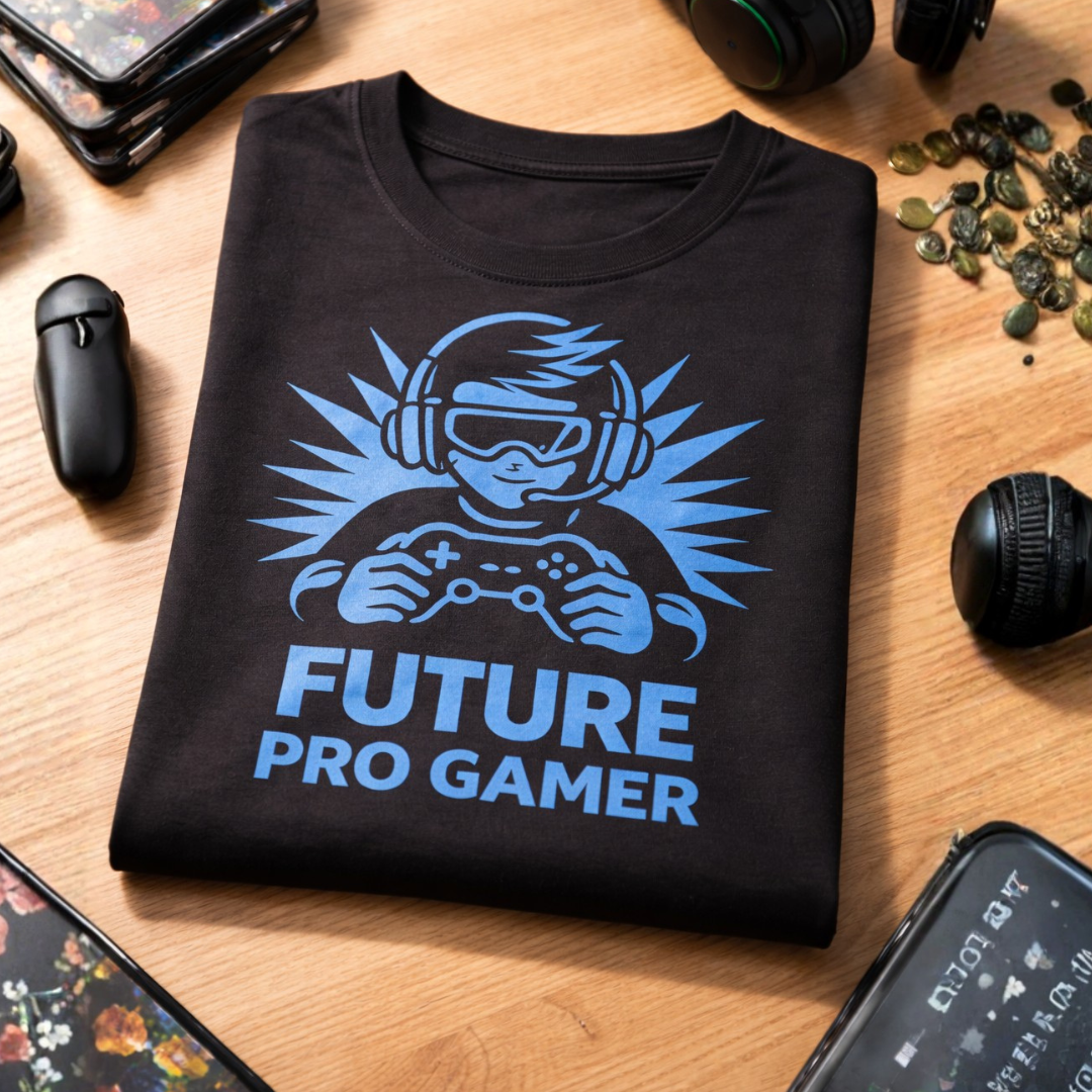 Gefaltetes Future Pro Gamer Kinder T-Shirt mit Gaming Zubehör
