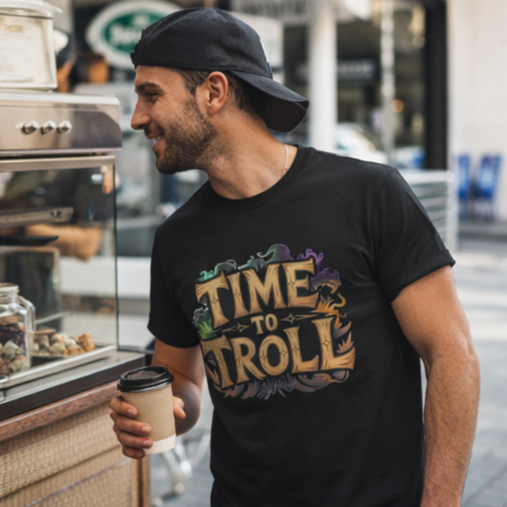 Gamer trägt schwarzes Time to Troll™ T-Shirt im Alltag – Premium Gamer Statement Shirt von AFK WEAR
