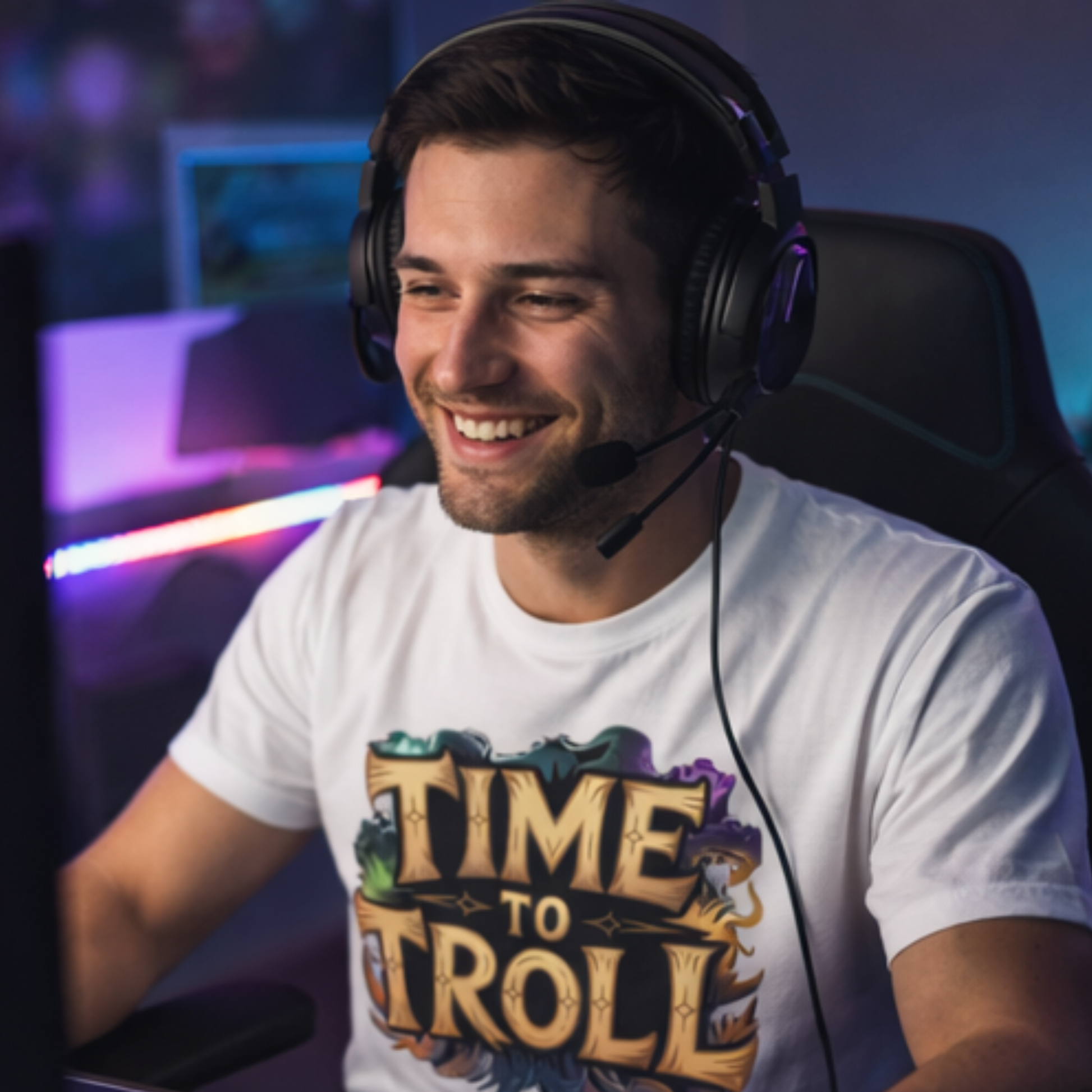 Time to Troll™ Gamer T-Shirt beim Gaming getragen – humorvolles Statement Shirt für Gamer