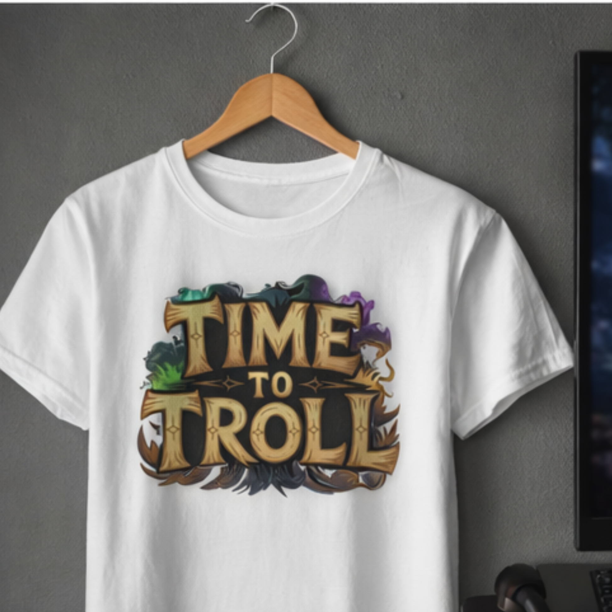 Time to Troll™ Premium Gamer T-Shirt am Kleiderbügel – Frontprint mit Gaming-Statement
