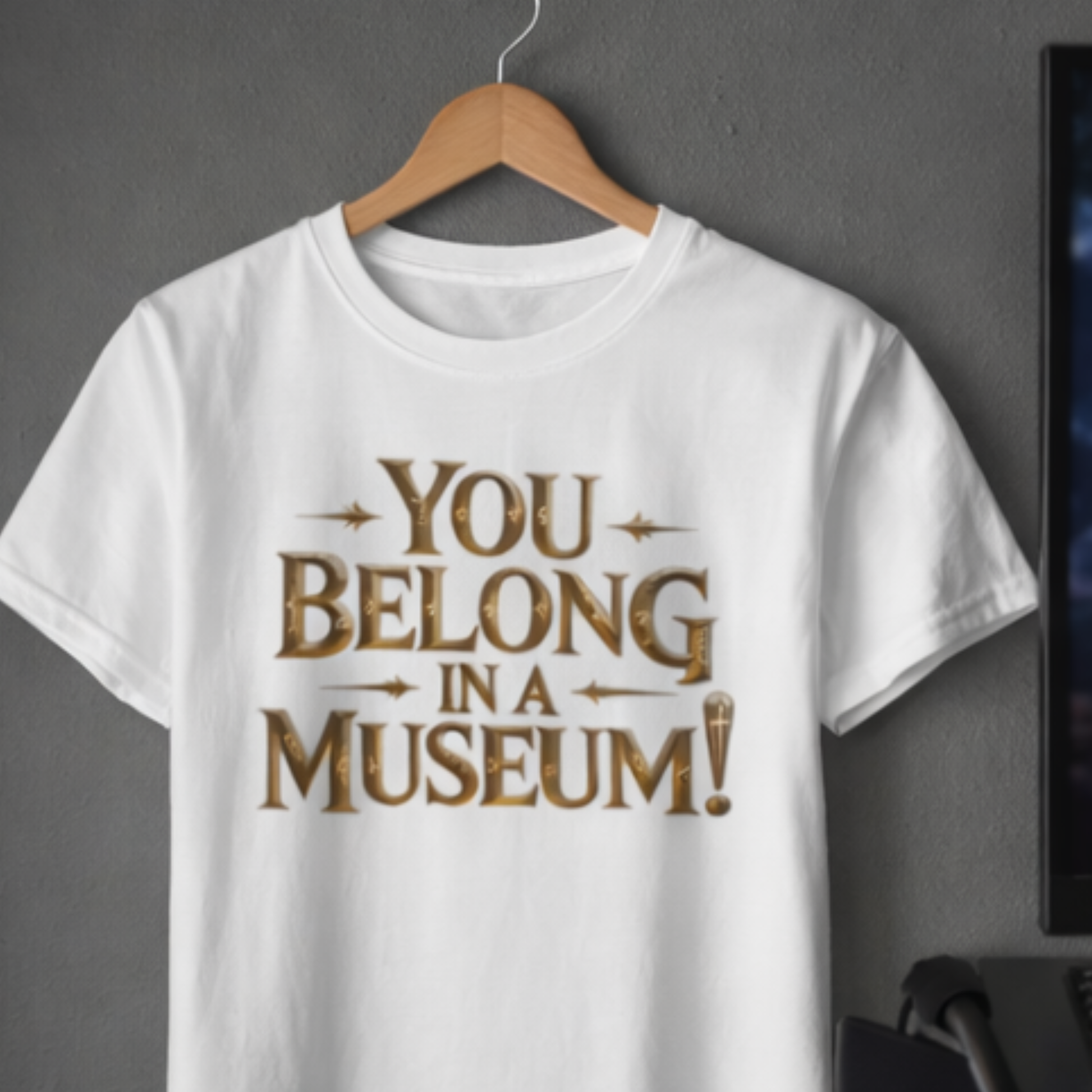 You Belong In A Museum™ Statement T-Shirt am Kleiderbügel – Frontprint in Goldoptik