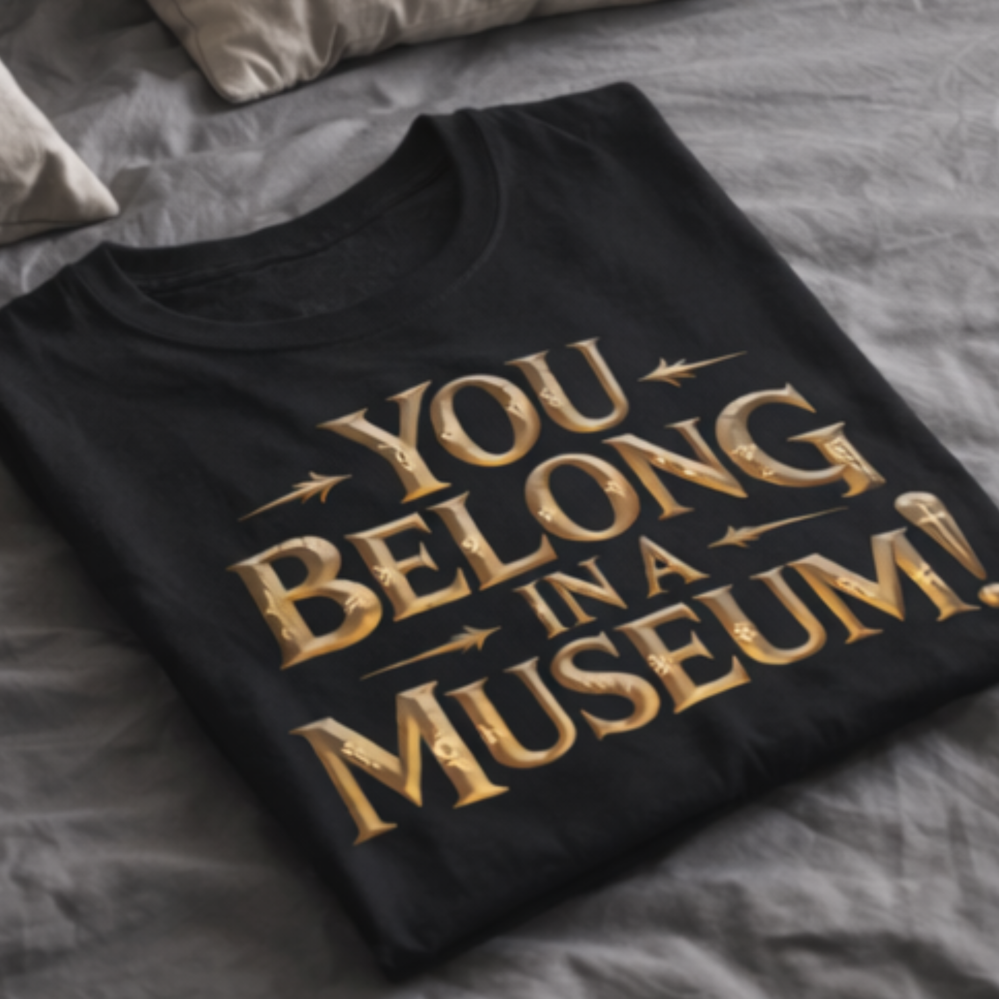 Zusammengefaltetes You Belong In A Museum™ Premium T-Shirt auf dem Bett – hochwertiger Stoff und edler Print
