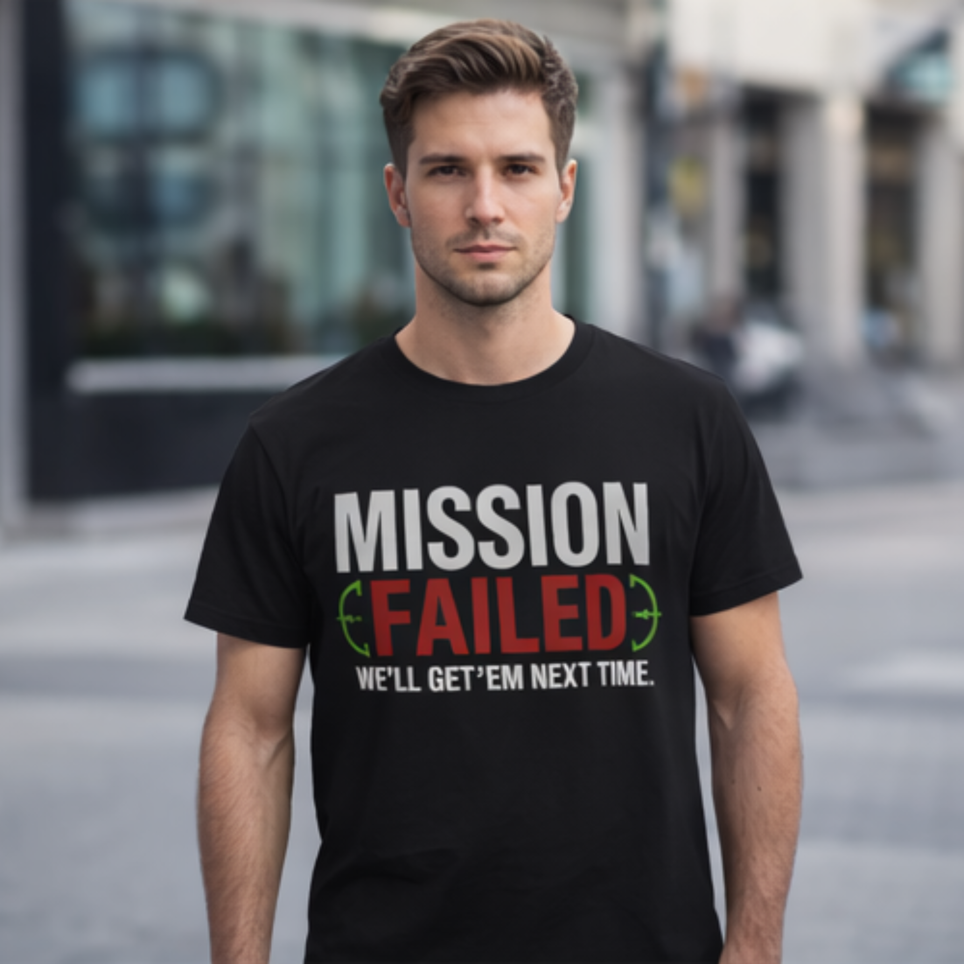 Model trägt schwarzes Mission Failed Gamer T-Shirt mit Statement „We’ll Get ’Em Next Time“