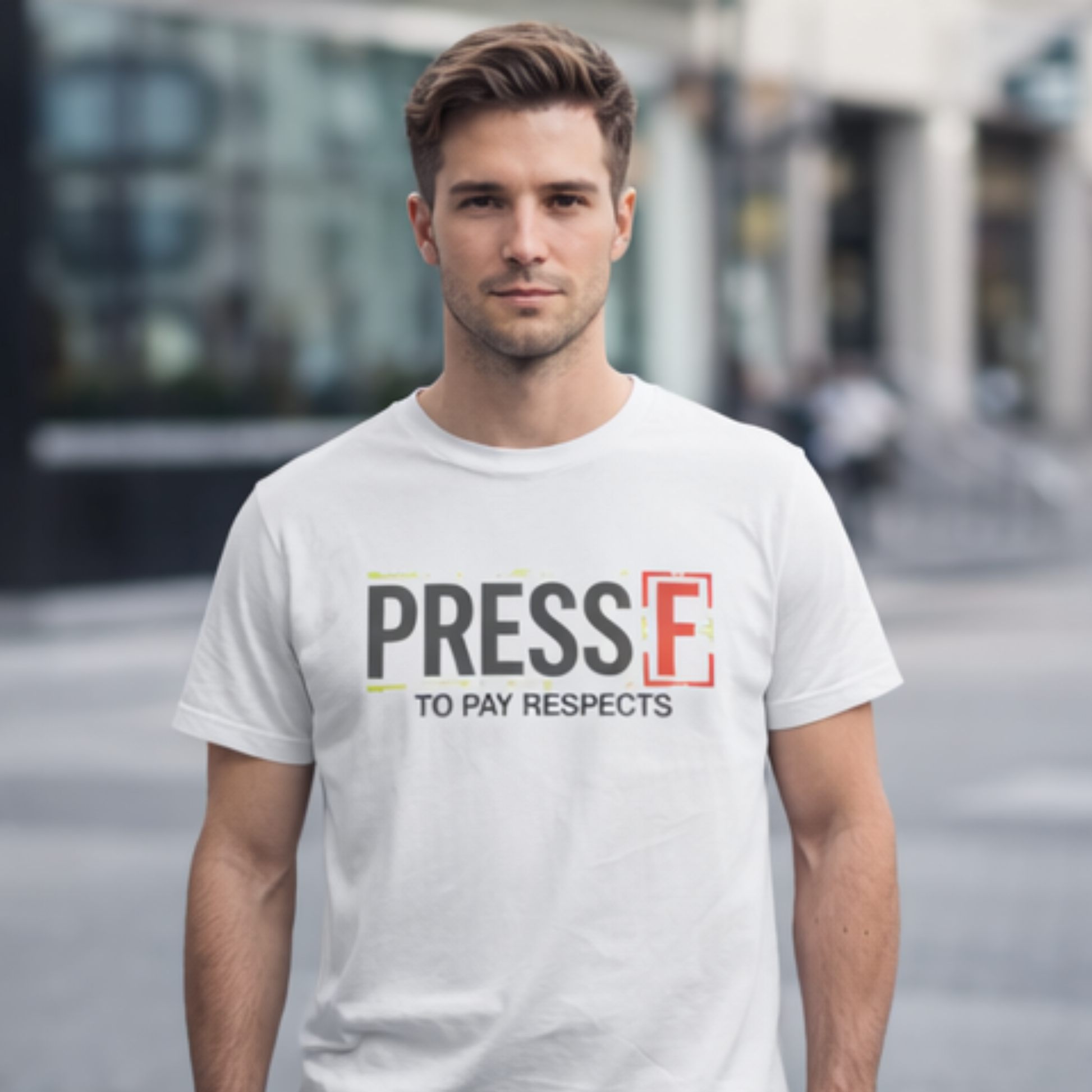 Model trägt weißes Gamer T-Shirt mit Aufdruck „Press F to Pay Respects“ im urbanen Umfeld