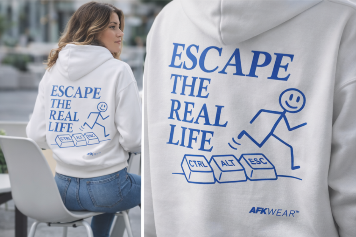 Weiße AFK Core Hoodie Rückansicht mit blauem „Escape The Real Life CTRL ALT ESC“ Print, getragen von Frau im Alltag