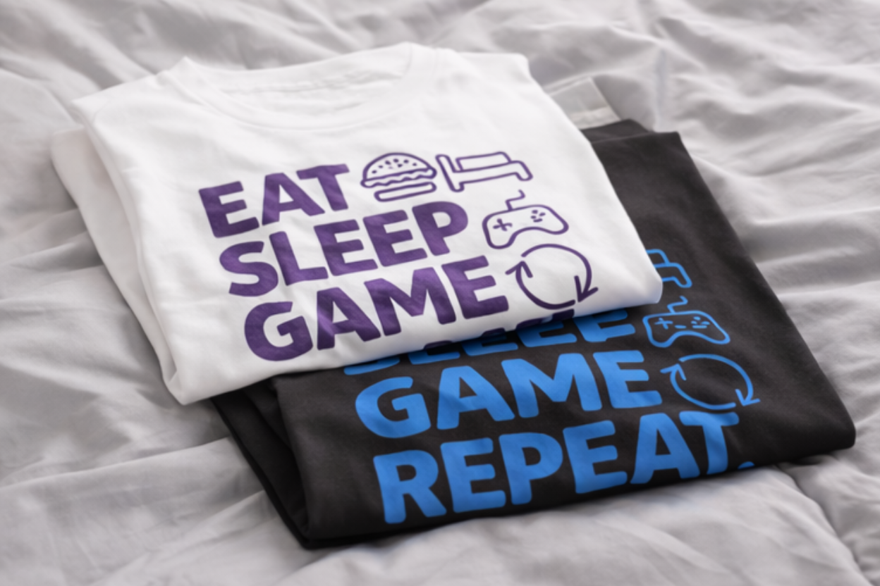 Gefaltete Kinder T-Shirts „Eat Sleep Game Repeat“ in Weiß und Schwarz mit buntem Print