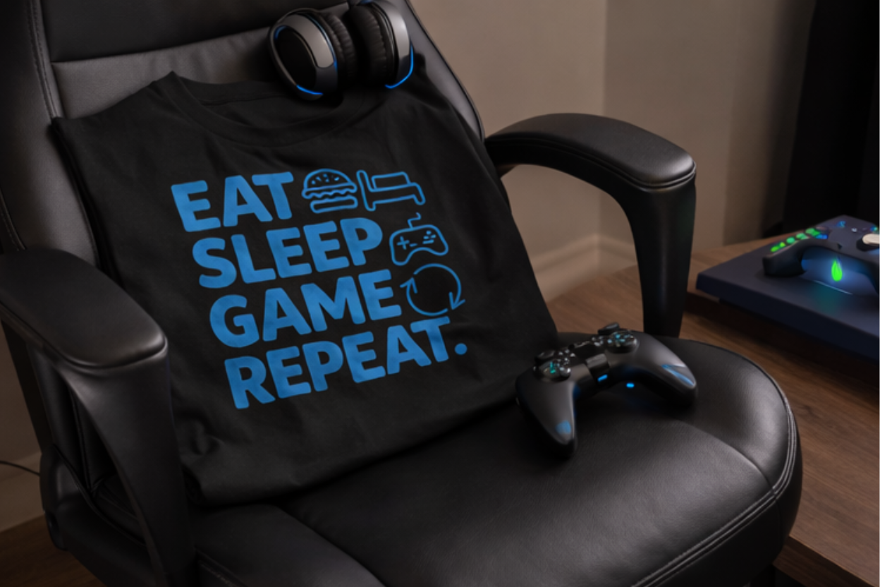 Schwarzes „Eat Sleep Game Repeat“ Kinder T-Shirt auf Gaming-Stuhl mit Headset und Controller