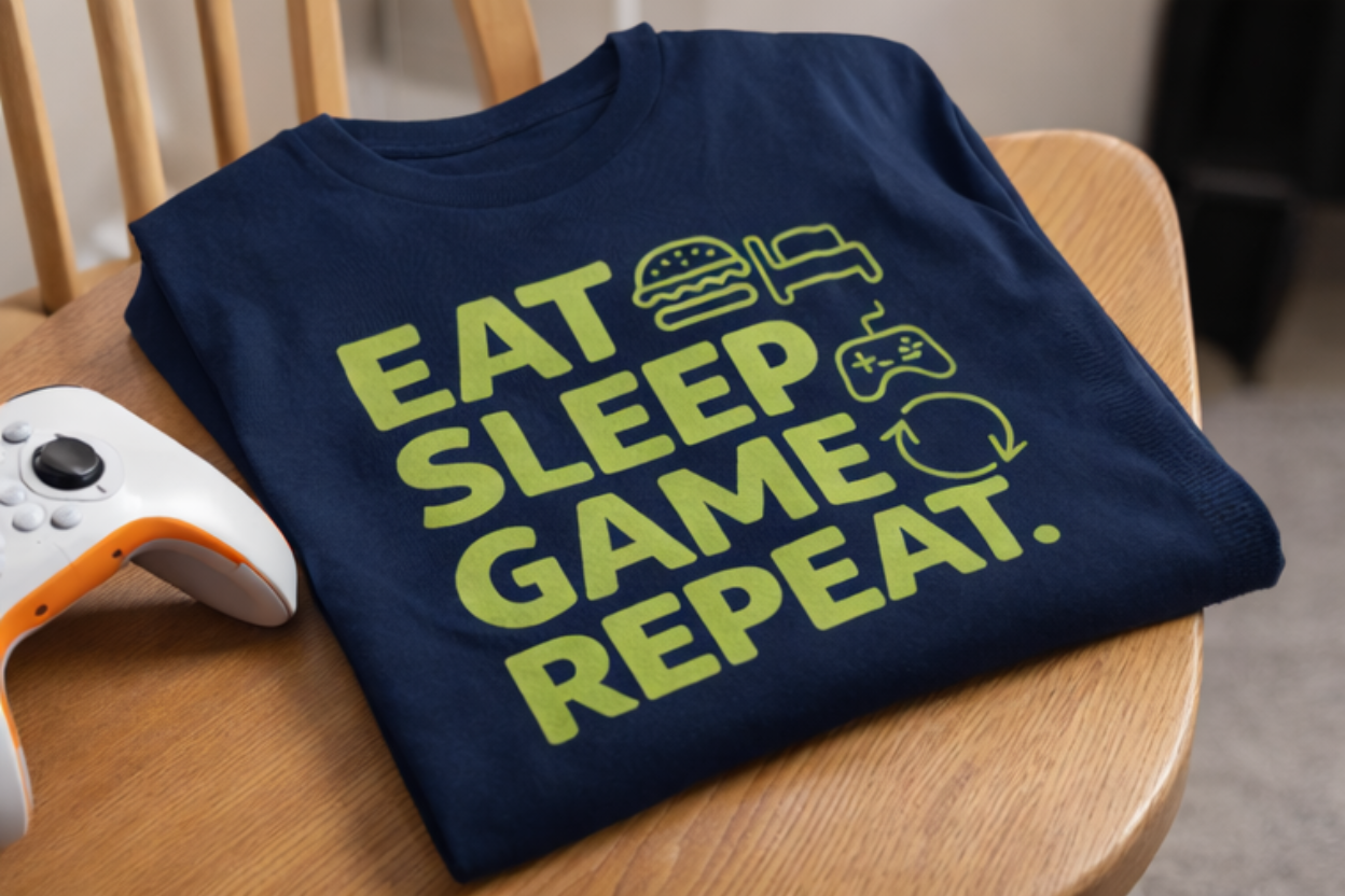 Gefaltetes Kinder T-Shirt „Eat Sleep Game Repeat“ auf Stuhl mit Gamecontroller – Gaming Design