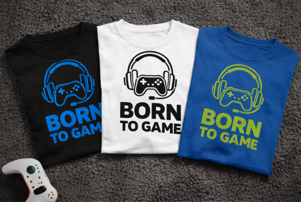 Born to Game Kids T-Shirt in Schwarz, Weiß und Blau mit Gaming-Controller-Design