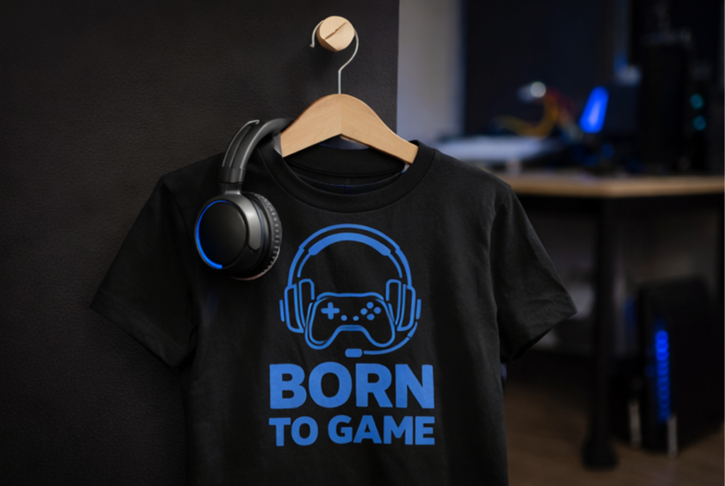 Born to Game Kinder T-Shirt am Kleiderbügel mit Gaming-Headset im Hintergrund