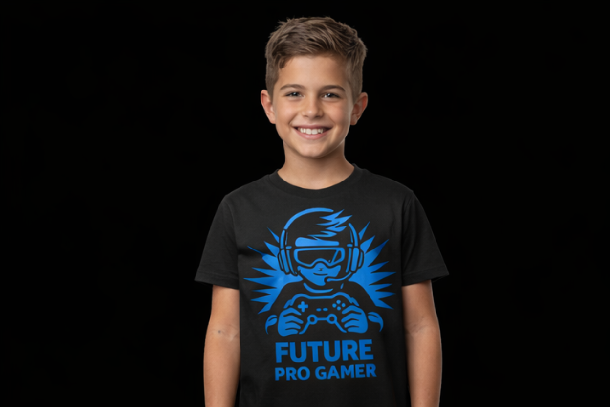 Kind trägt schwarzes „Future Pro Gamer“ Gaming T-Shirt