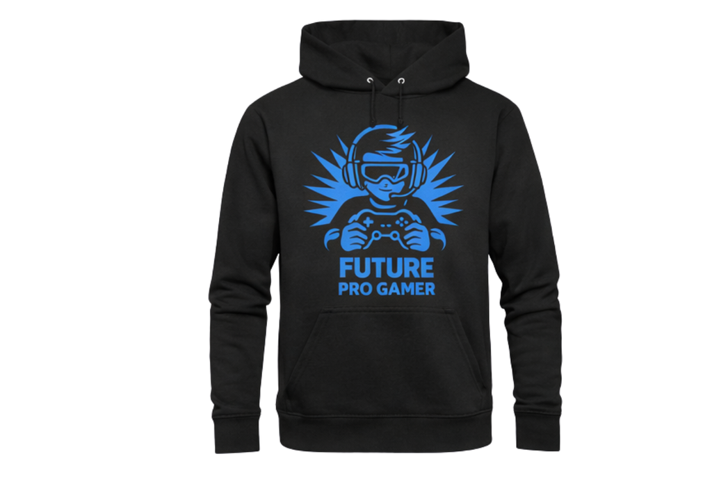 Kinder Hoodie „Future Pro Gamer“ in Schwarz mit blauem Gamer-Print auf der Vorderseite
