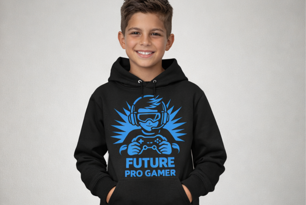 Kind trägt schwarzen „Future Pro Gamer“ Hoodie beim Gaming zu Hause