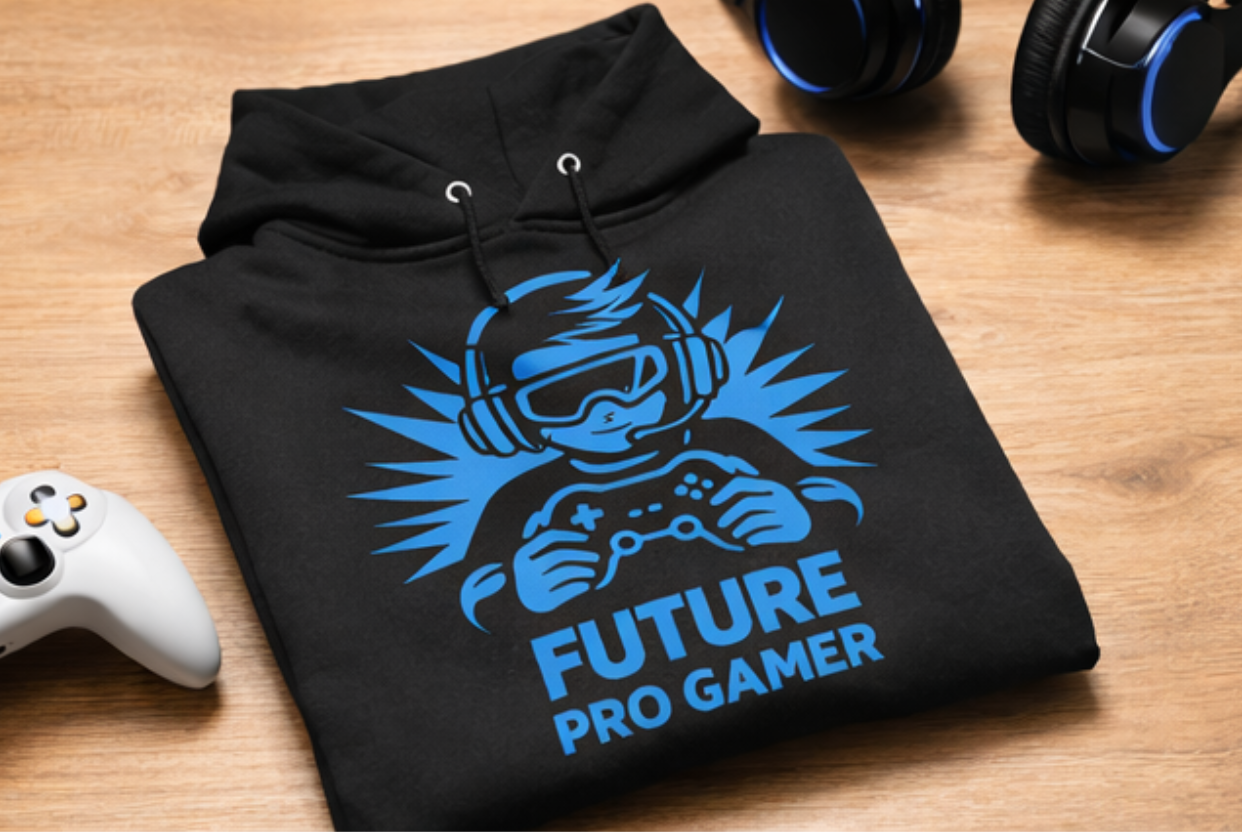 Kinder Hoodie „Future Pro Gamer“ in Schwarz mit blauem Gamer-Print auf der Vorderseite liegt auf dem Gaming Tisch
