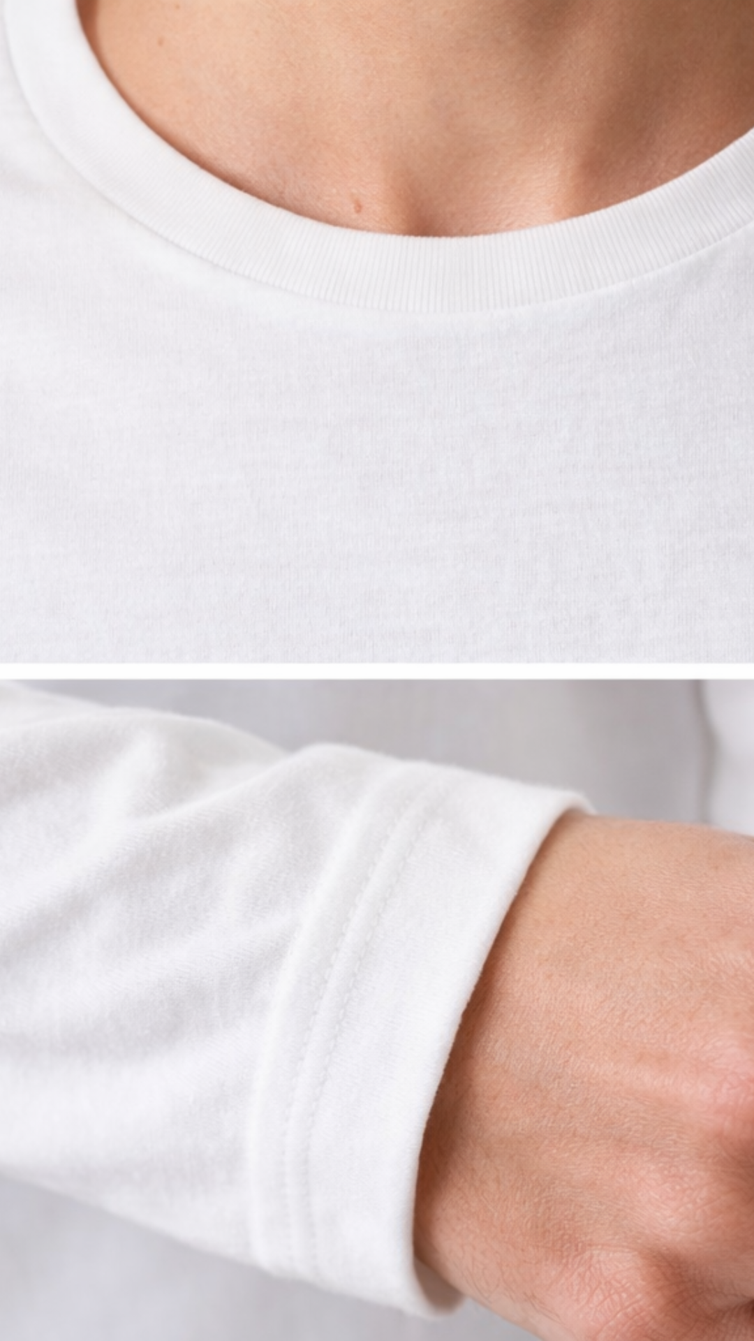 Weißes Organic Longsleeve „Coffee Loading“ mit humorvollem Kaffee-Batterie-Design. Hochwertige Bio-Baumwolle. Nahaufnahme des Ärmels.