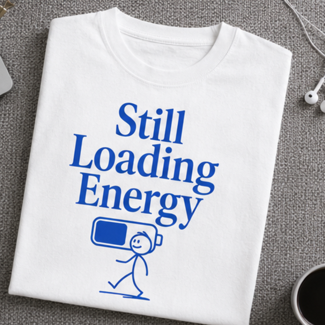Weißes Heavy Oversized Organic T-Shirt mit blauem „Still Loading Energy“-Schriftzug und Batterie-Strichmännchen-Illustration, zusammengefaltet