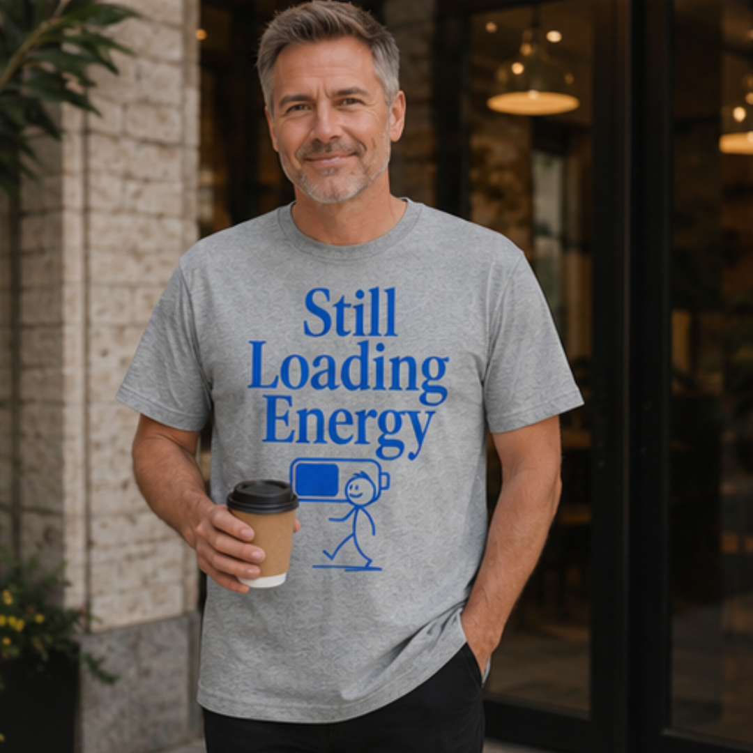 Still Loading – Energy T-Shirt in grau am Model, modernes Lifestyle-Szenario