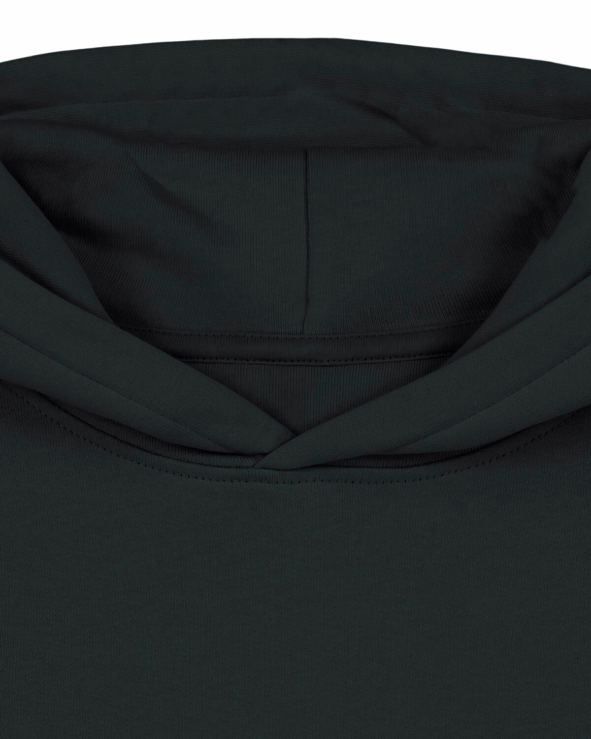 Schwarzer EAT SLEEP GAME REPEAT Kids Organic Hoodie mit schwarzem Print und dezentem AFKWEAR® Logo – Nahaufnahme Kragen.