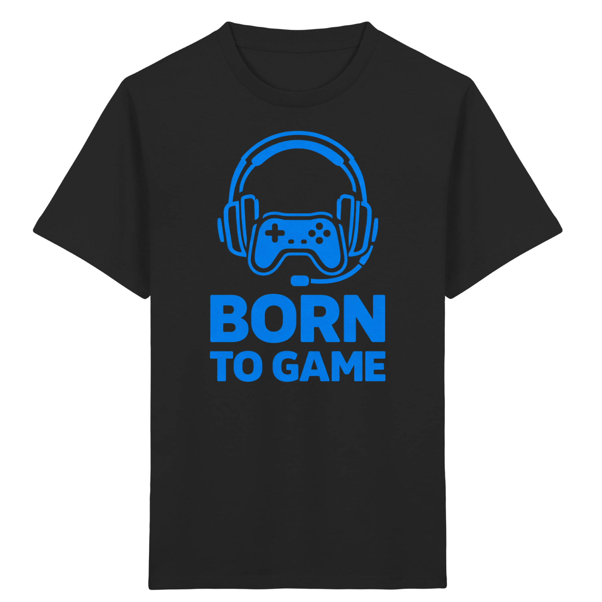 Schwarzes Born to Game Kids Organic T-Shirt mit blauem Gaming-Controller-Motiv