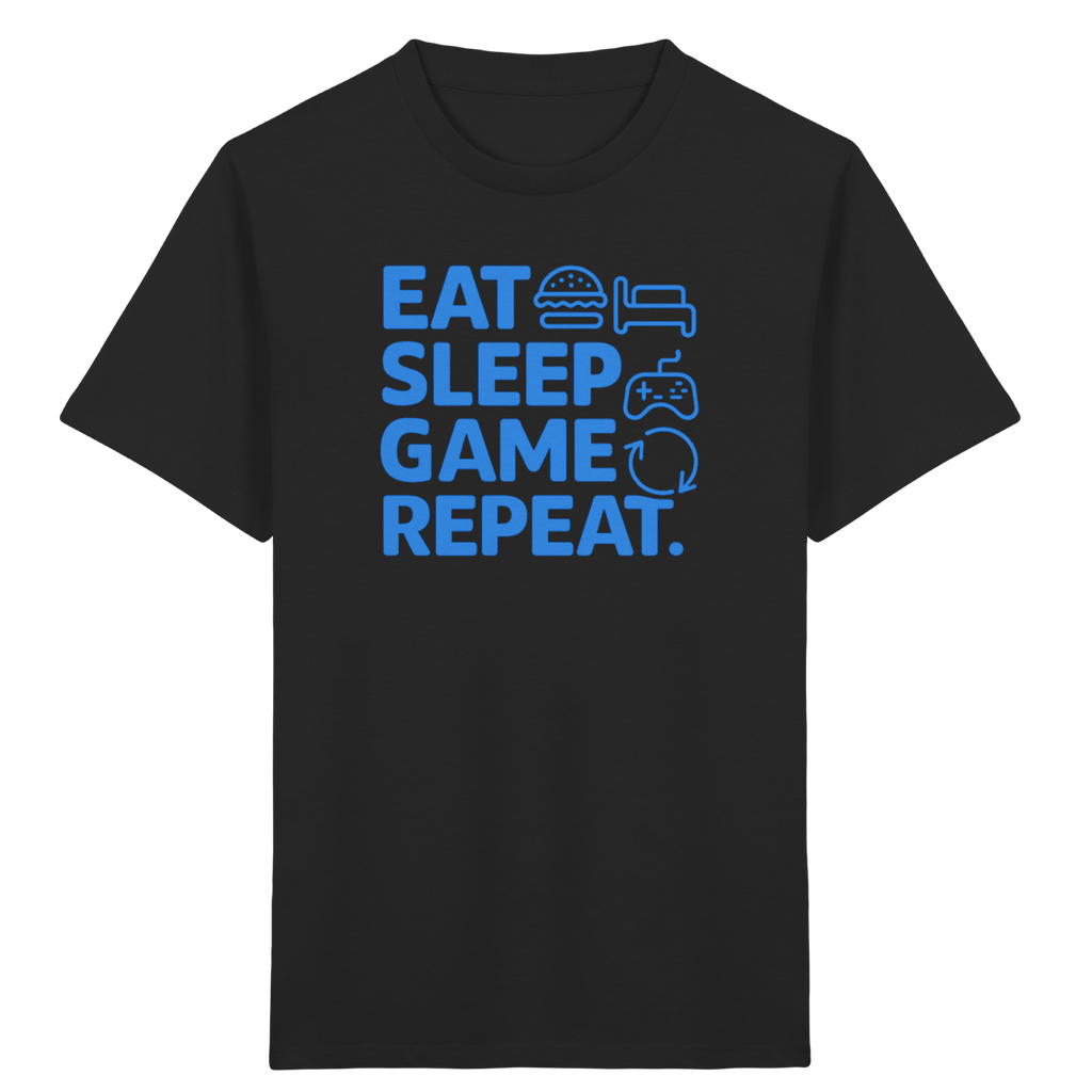 Schwarzes Kinder T-Shirt mit „Eat Sleep Game Repeat“ Gaming Print vorne