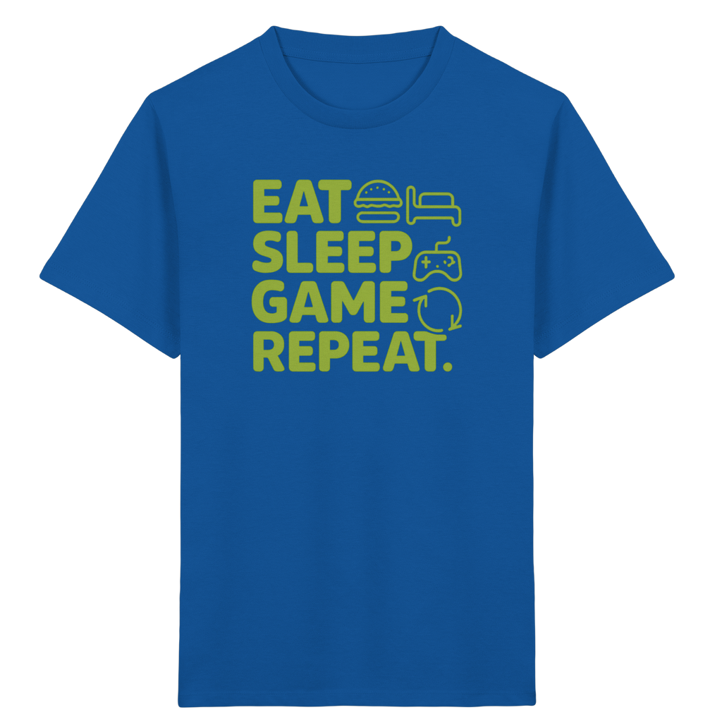 Blaues Kinder T-Shirt „Eat Sleep Game Repeat“ mit grünem Gaming Design