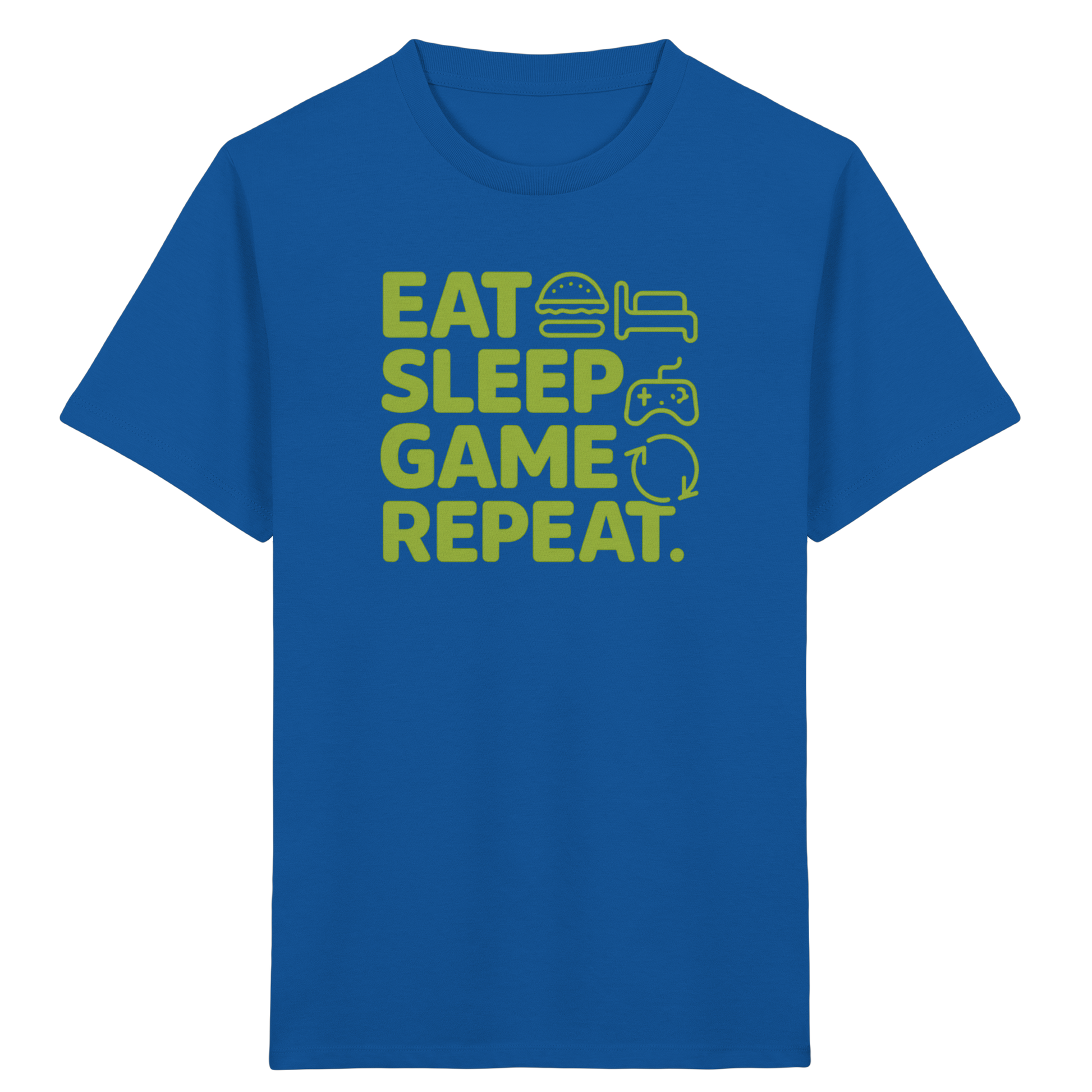 Blaues Kinder T-Shirt „Eat Sleep Game Repeat“ mit grünem Gaming Design