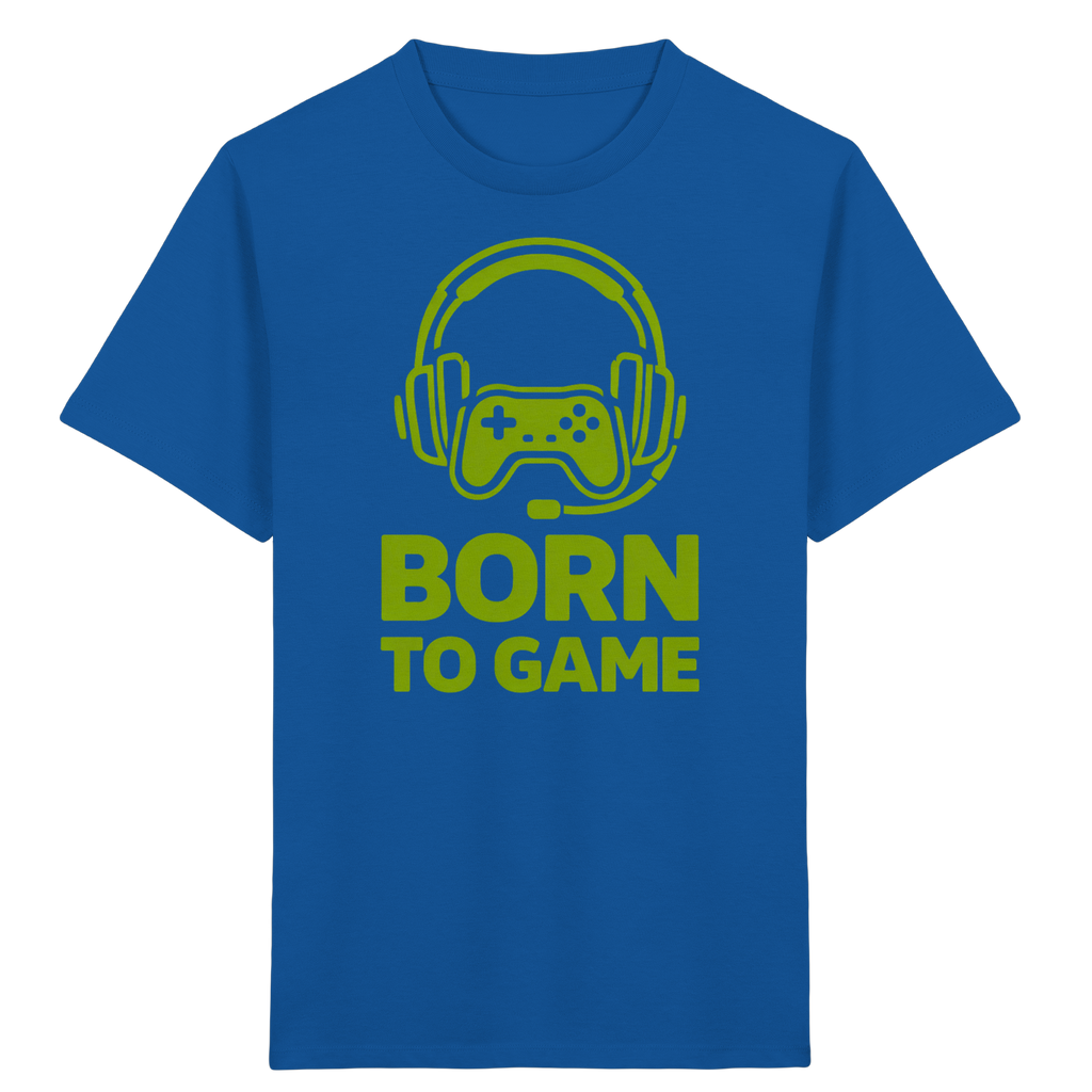 Blaues Born to Game Kids Organic T-Shirt mit grünem Gaming-Controller-Design