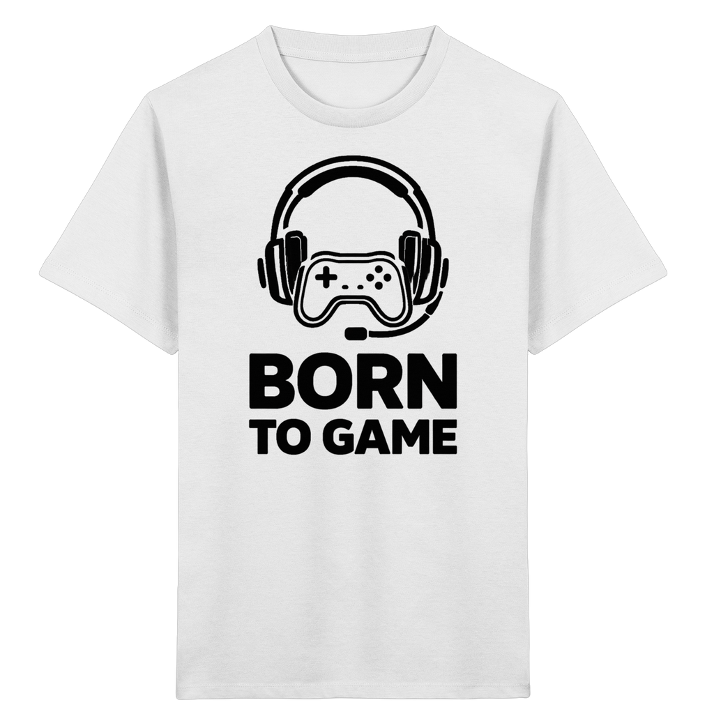 Weißes Born to Game Kids Organic T-Shirt mit schwarzem Gaming-Controller-Print