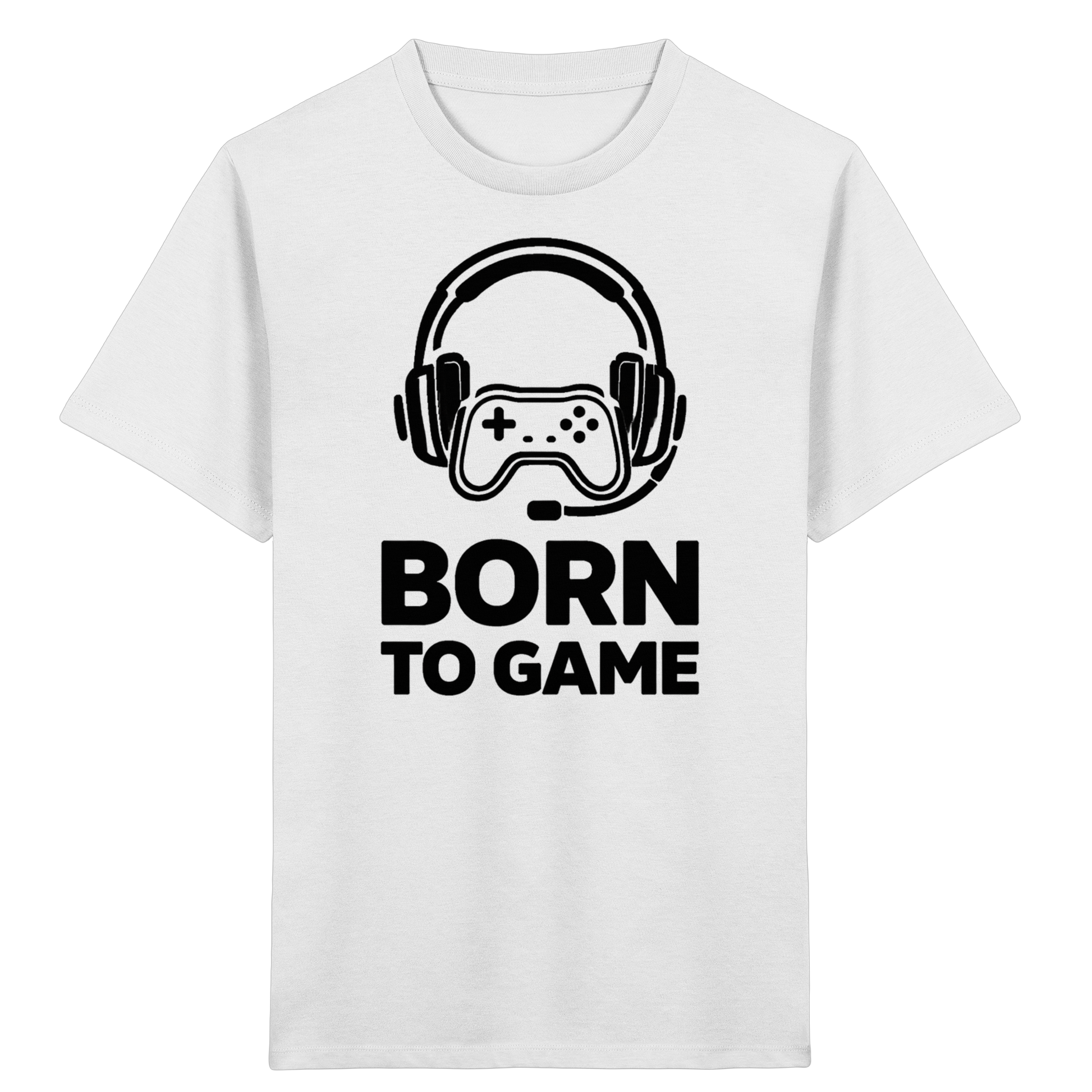 Weißes Born to Game Kids Organic T-Shirt mit schwarzem Gaming-Controller-Print