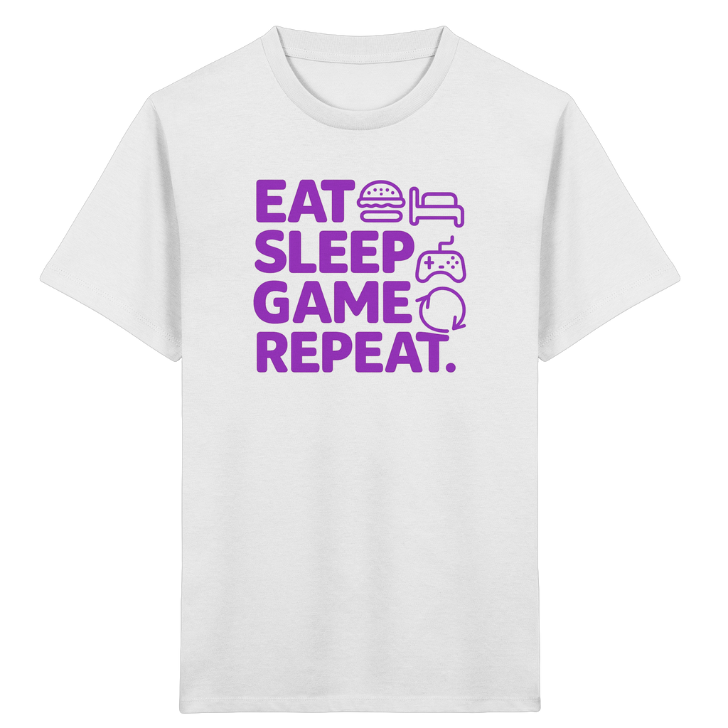 Weißes Kinder T-Shirt mit „Eat Sleep Game Repeat“ Print in Lila