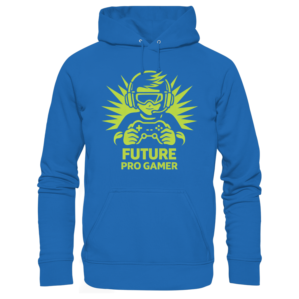 Kinder Hoodie „Future Pro Gamer“ in Blau mit grünem Gamer-Print auf der Vorderseite