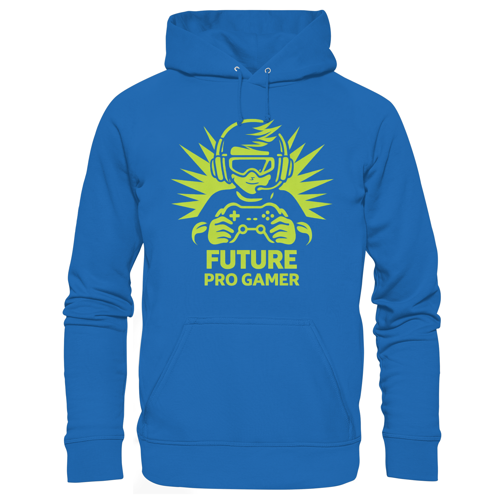 Kinder Hoodie „Future Pro Gamer“ in Blau mit grünem Gamer-Print auf der Vorderseite