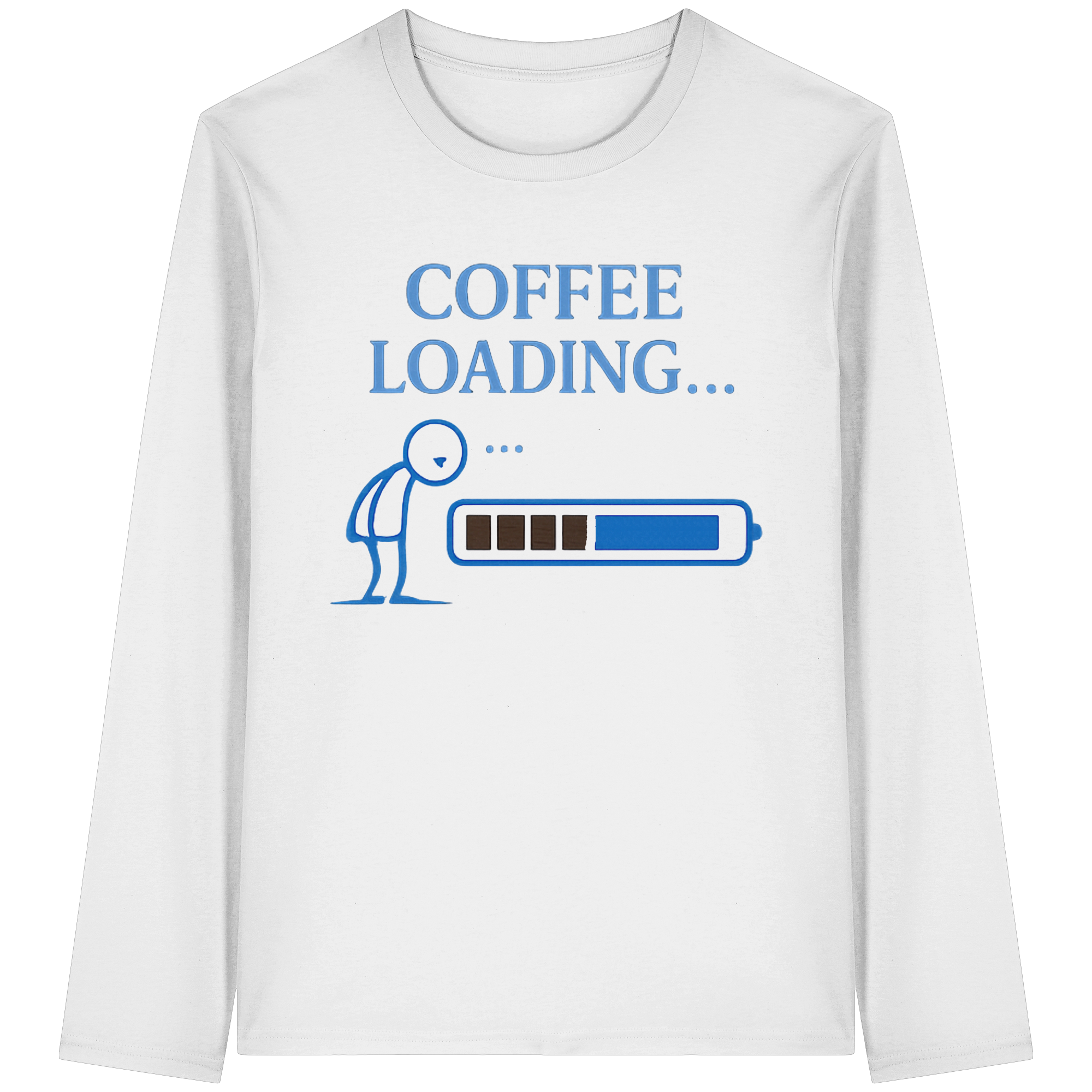 Detailaufnahme des COFFEE LOADING Longsleeve Drucks mit blauem Ladebalken und Strichmännchen