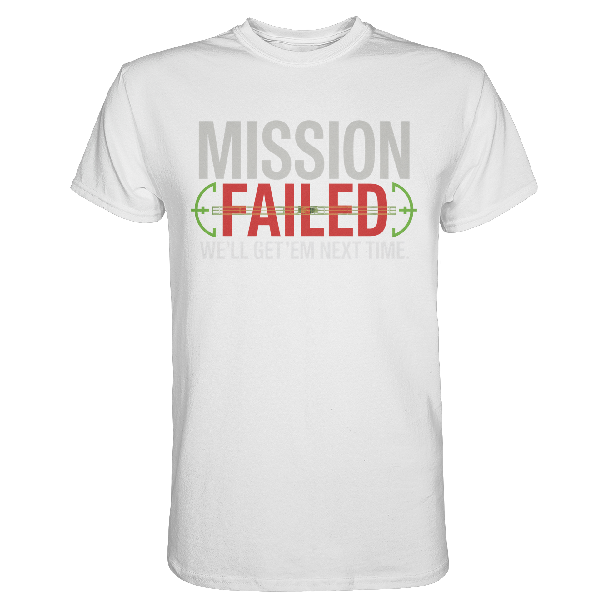Weißes Mission Failed Premium Gamer T-Shirt mit Frontprint