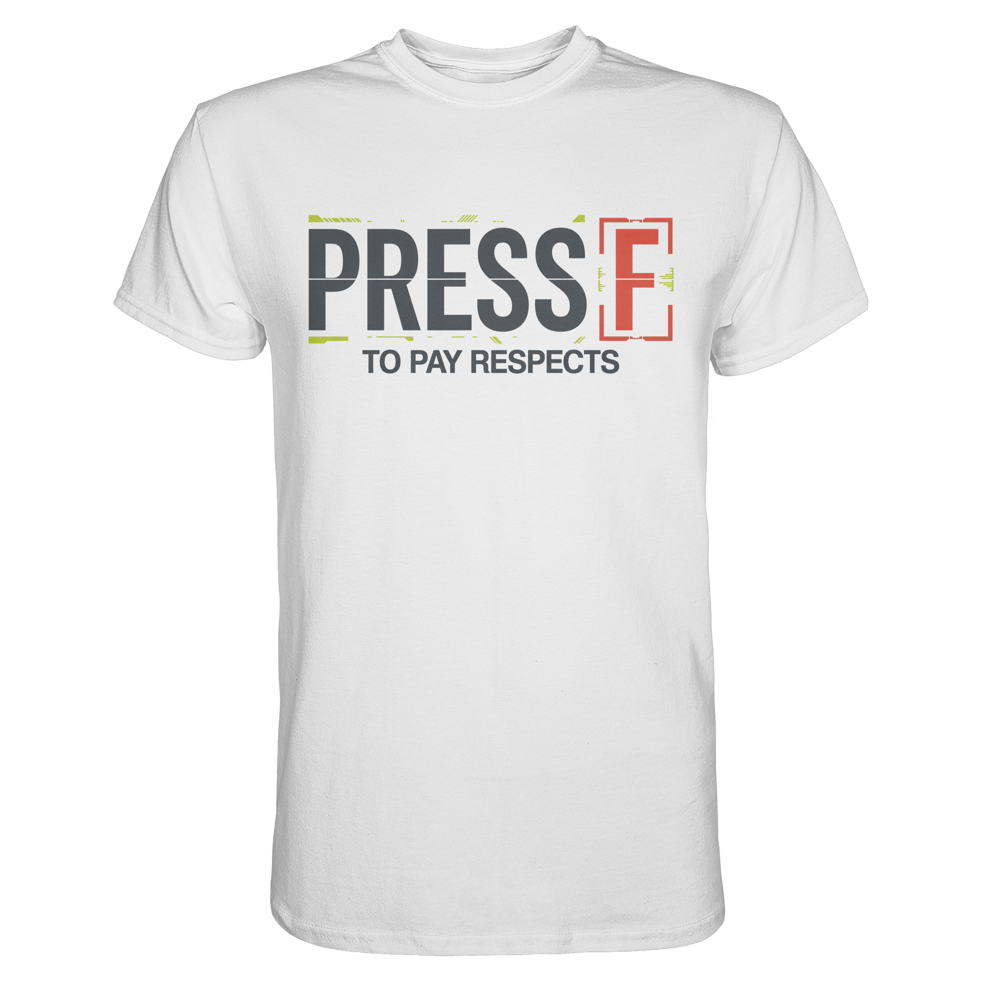 Weißes Premium Gamer T-Shirt mit Schriftzug „Press F to Pay Respects“ – Frontansicht